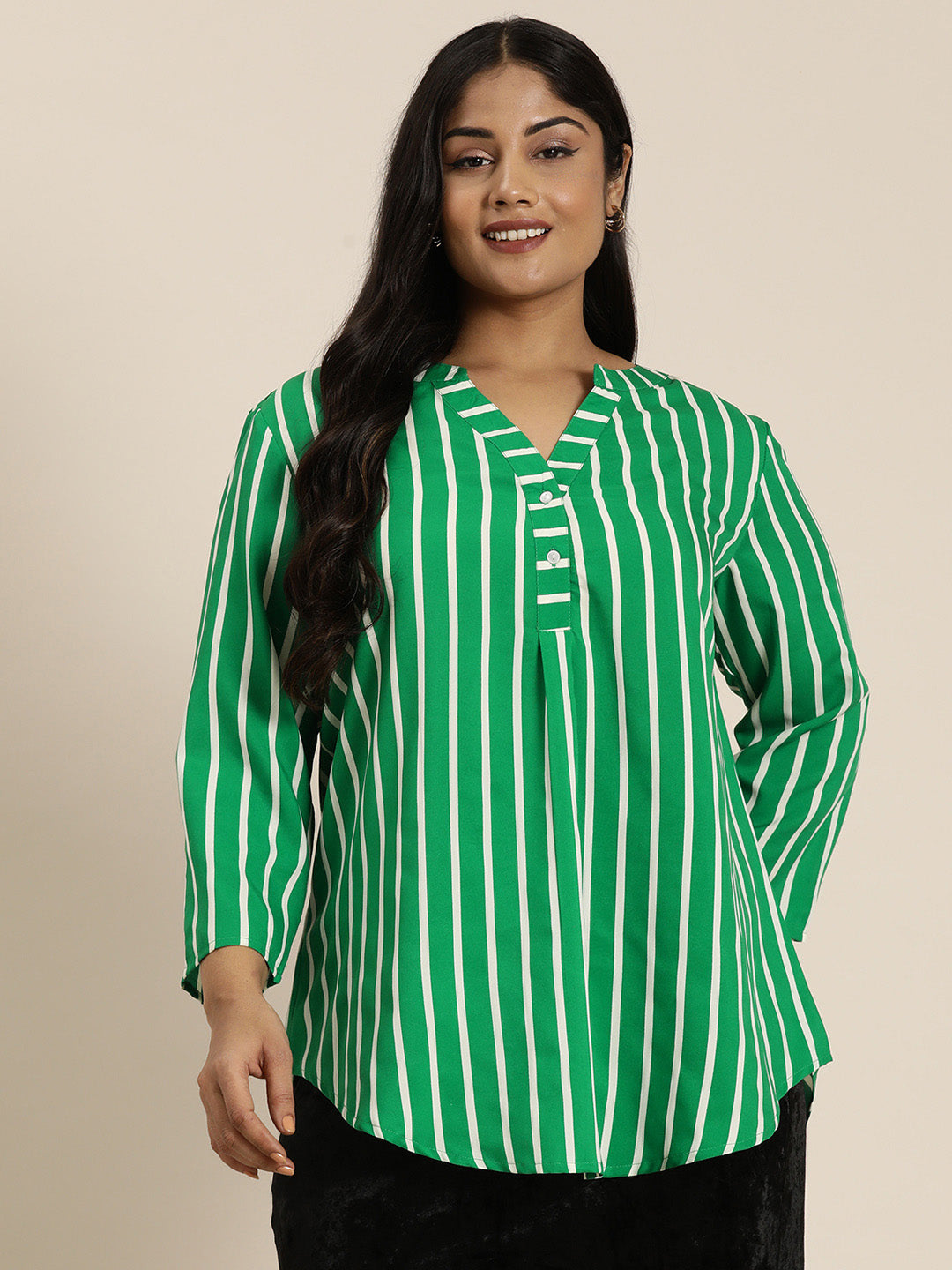 Greenand White Stripe half placket shirt.