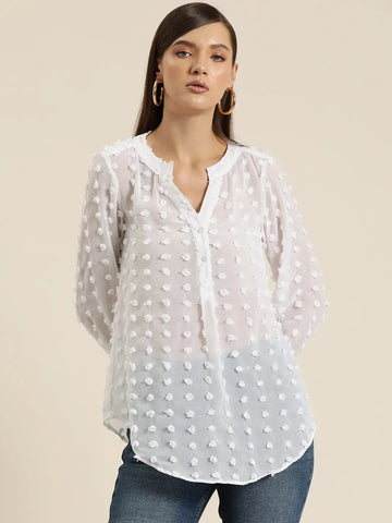 White swiss dott half placket shirt