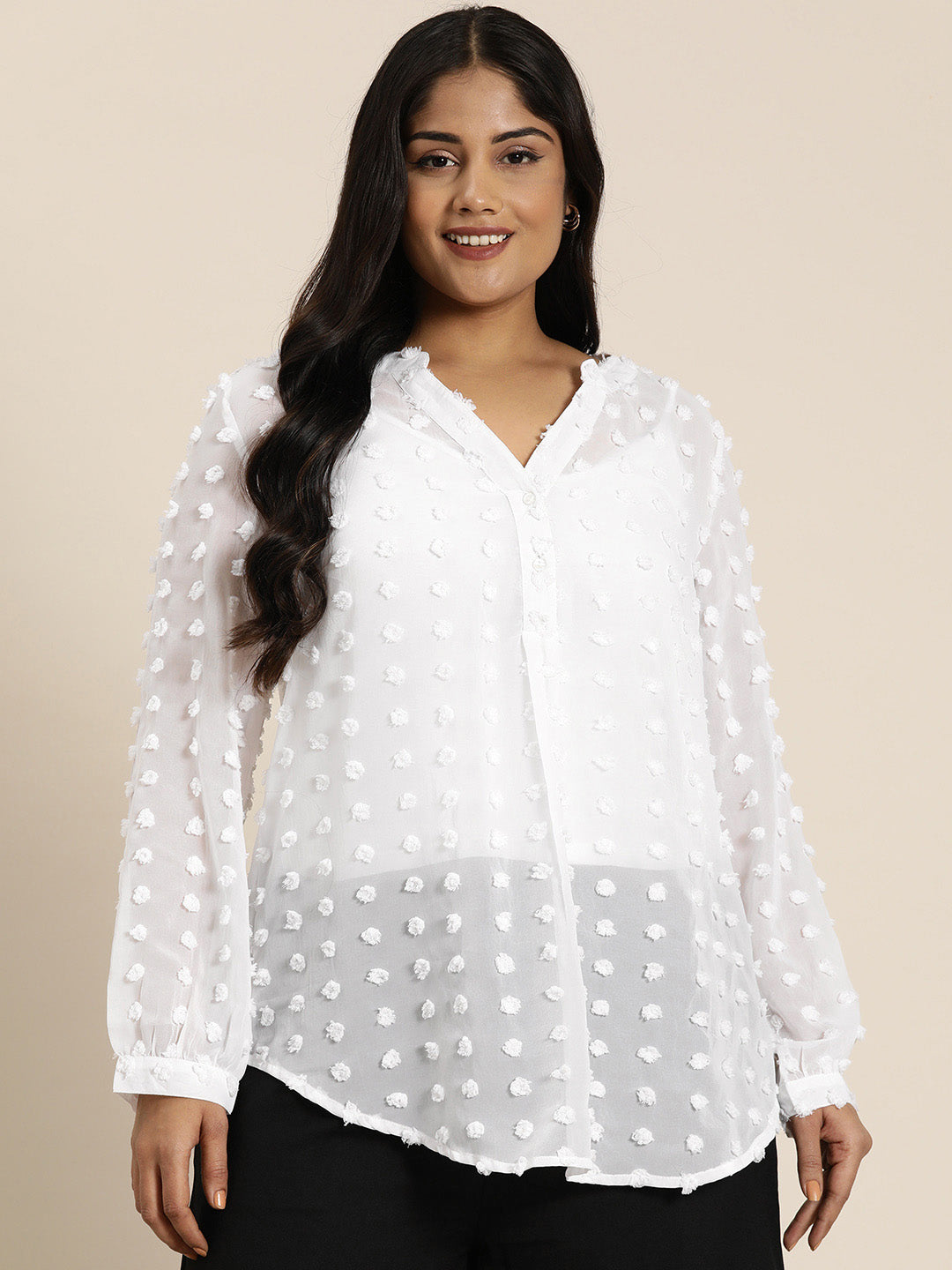 White swiss dott half placket shirt