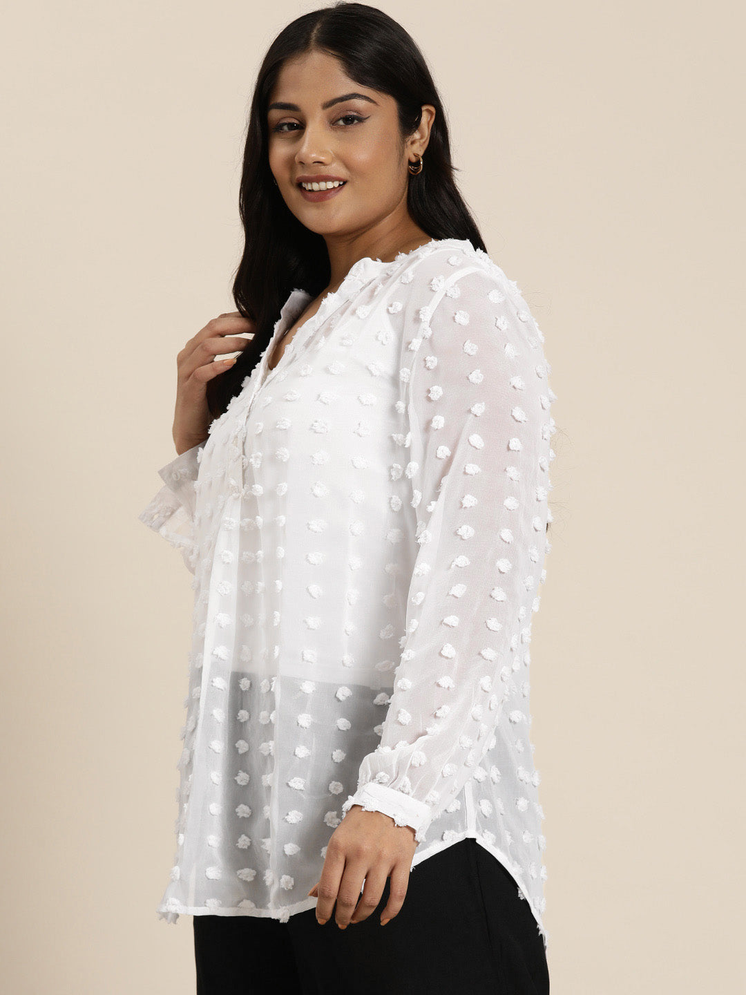 White swiss dott half placket shirt