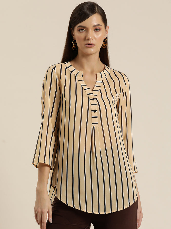 Beige stripe half placket shirt