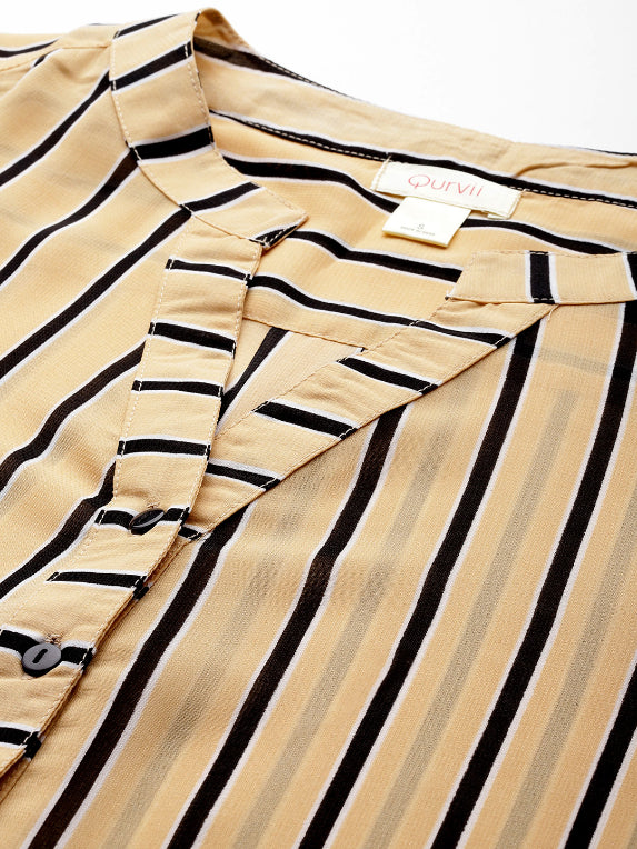 Beige stripe half placket shirt