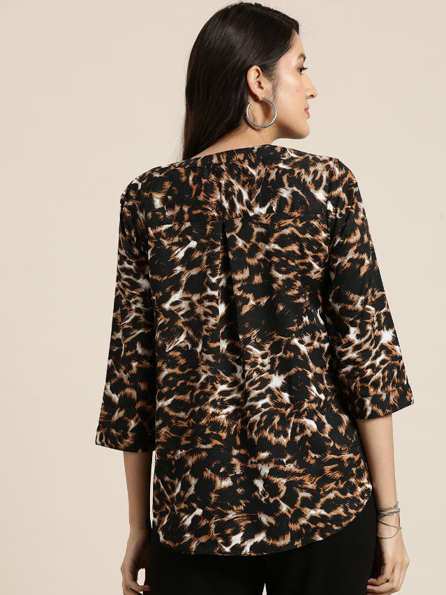 Brown leopard print half placket shirt