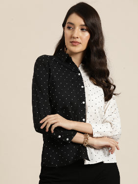 Black and white small polka dott full placket shirt