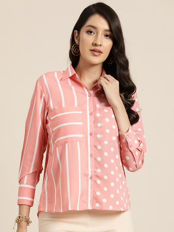 Pink and white small polka dott and stripe full placket shirt