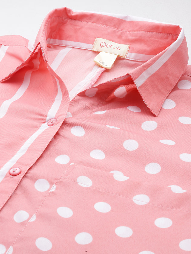 Pink and white small polka dott and stripe full placket shirt