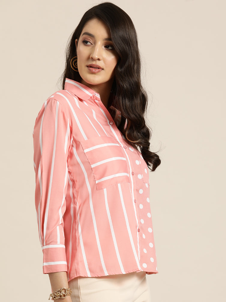 Pink and white small polka dott and stripe full placket shirt
