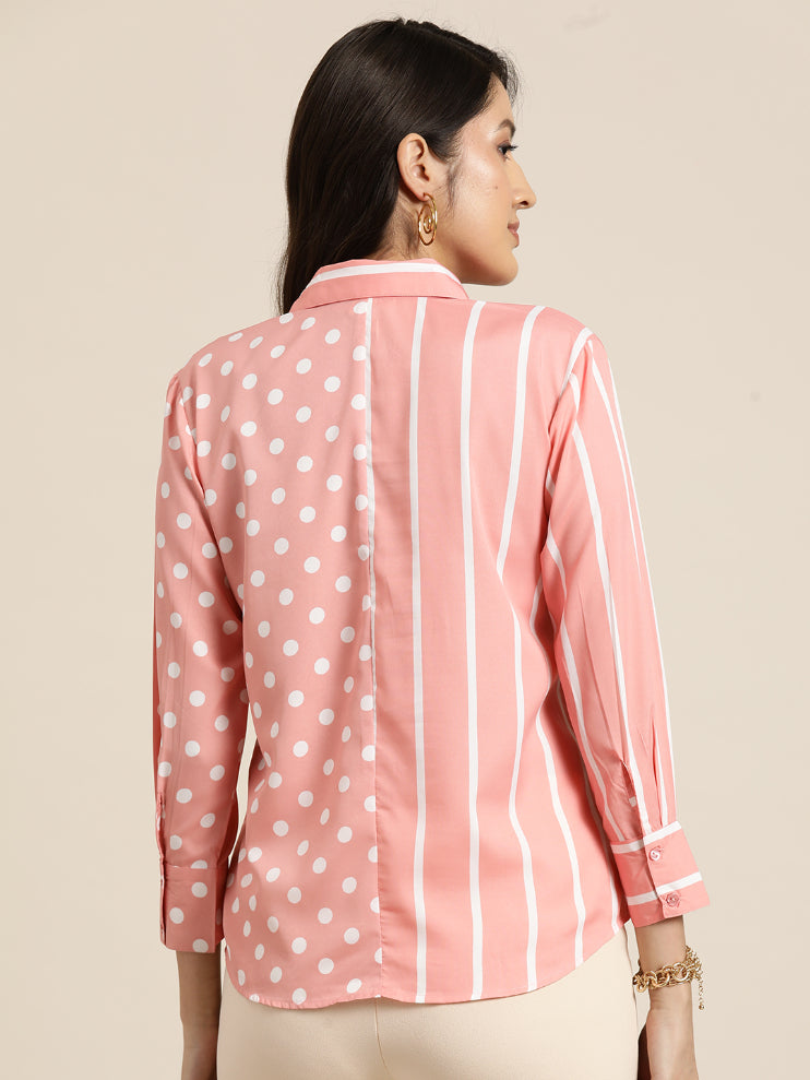 Pink and white small polka dott and stripe full placket shirt
