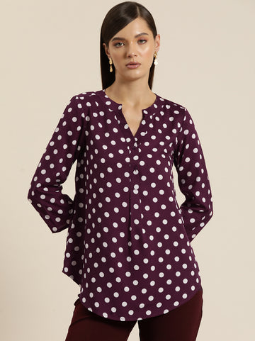 Burgundy and white polka dott half placket shirt