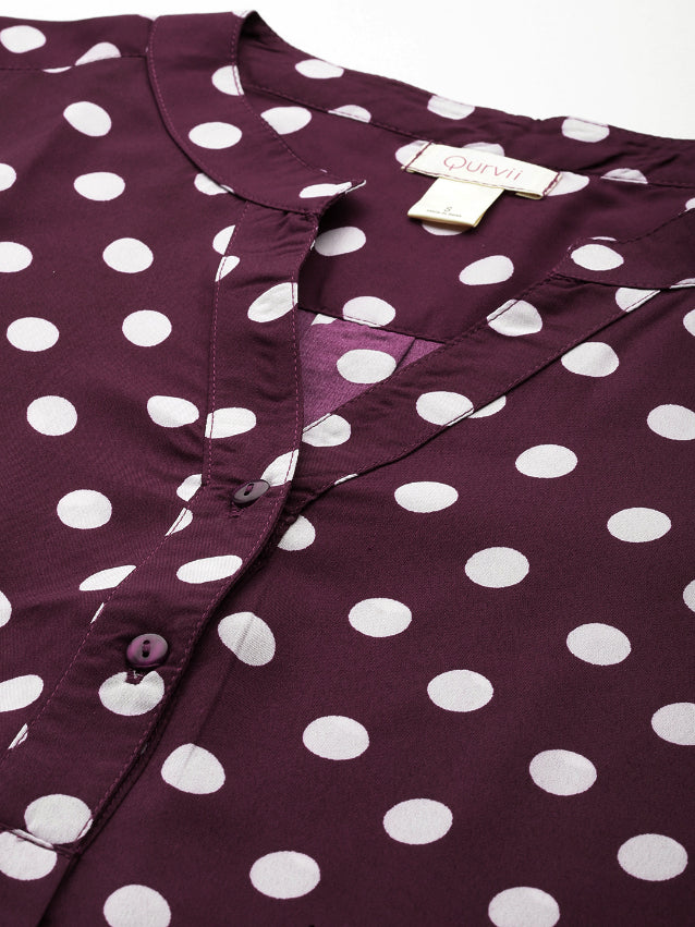 Burgundy and white polka dott half placket shirt