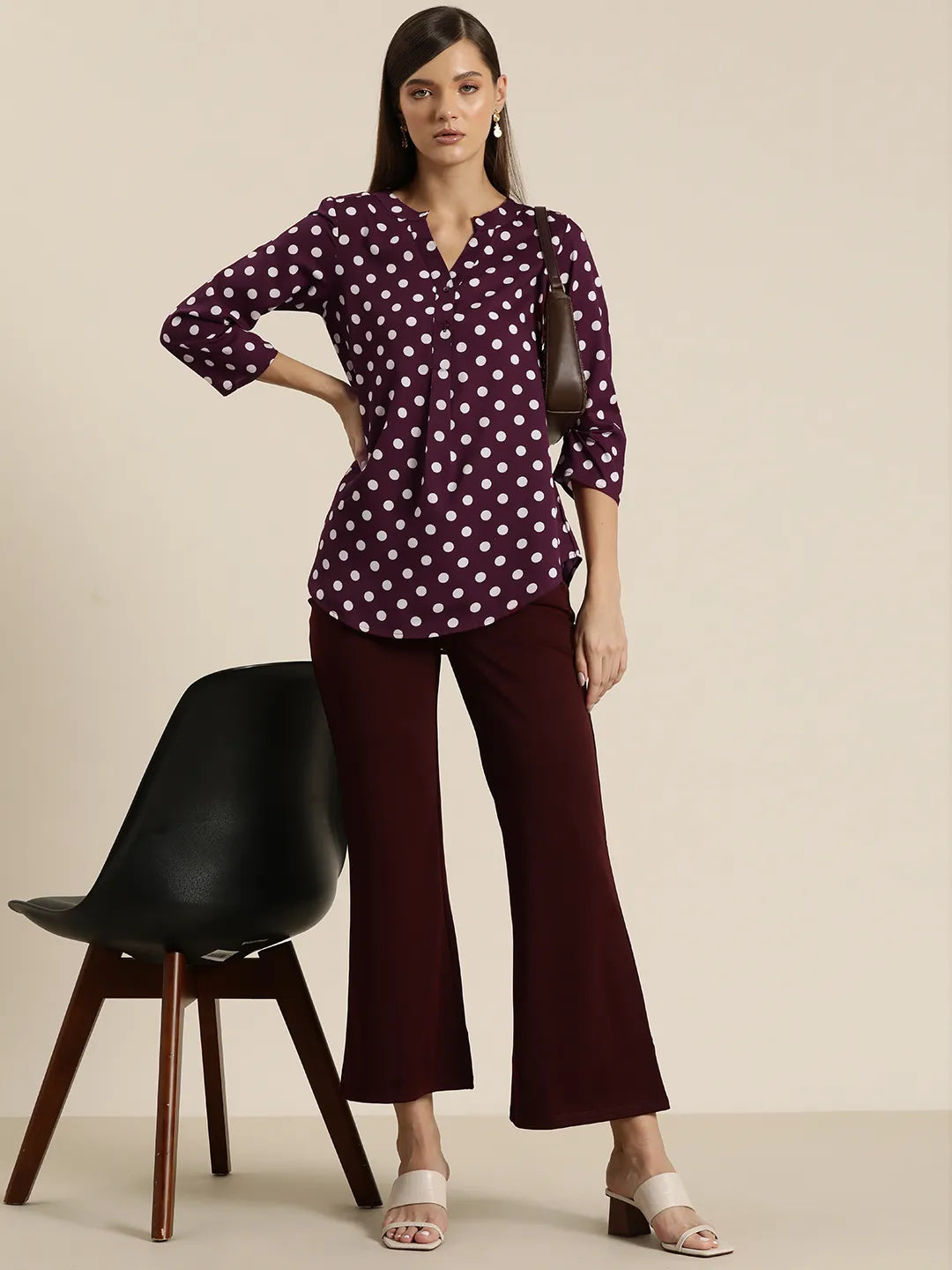 Burgundy and white polka dott half placket shirt