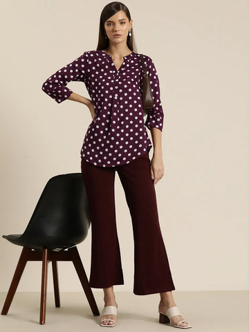 Burgundy and white polka dott half placket shirt