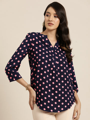 Navy and Pink polka dott half placket shirt