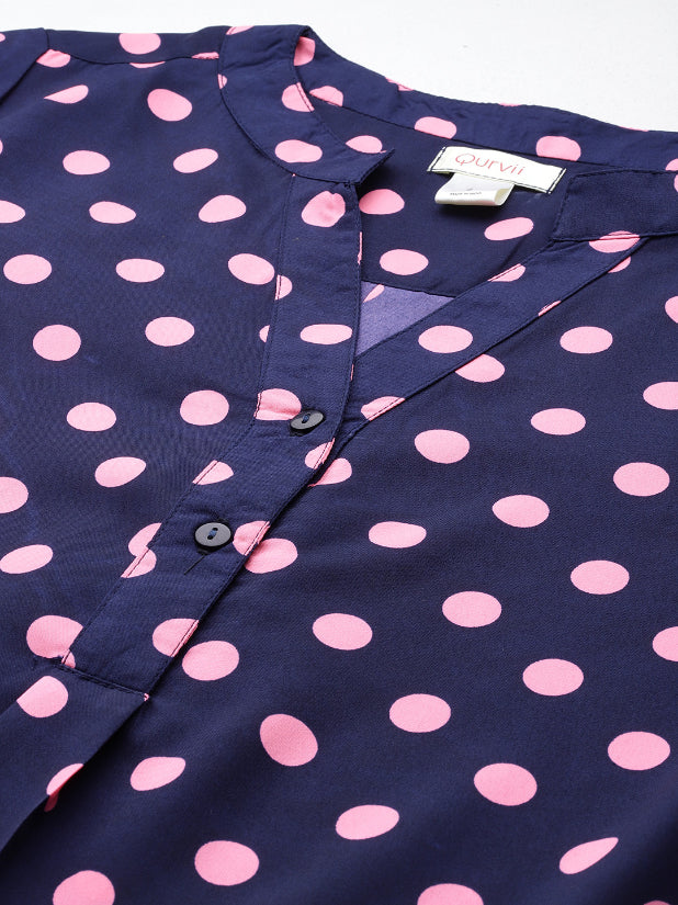 Navy and Pink polka dott half placket shirt