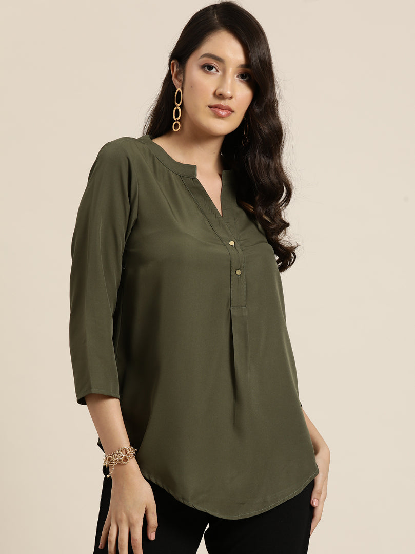 Solid Olive crepe half placket shirt