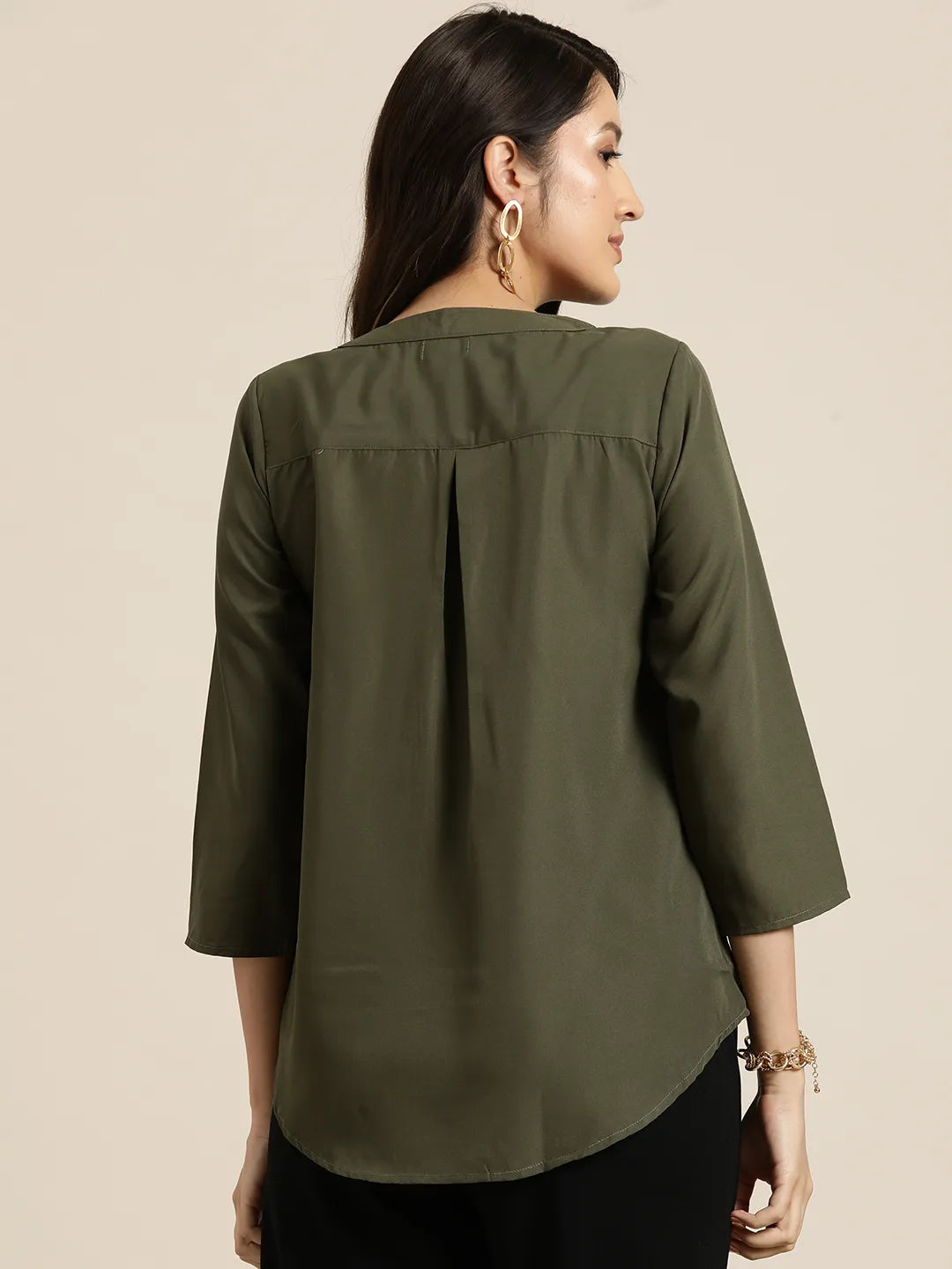 Solid Olive crepe half placket shirt