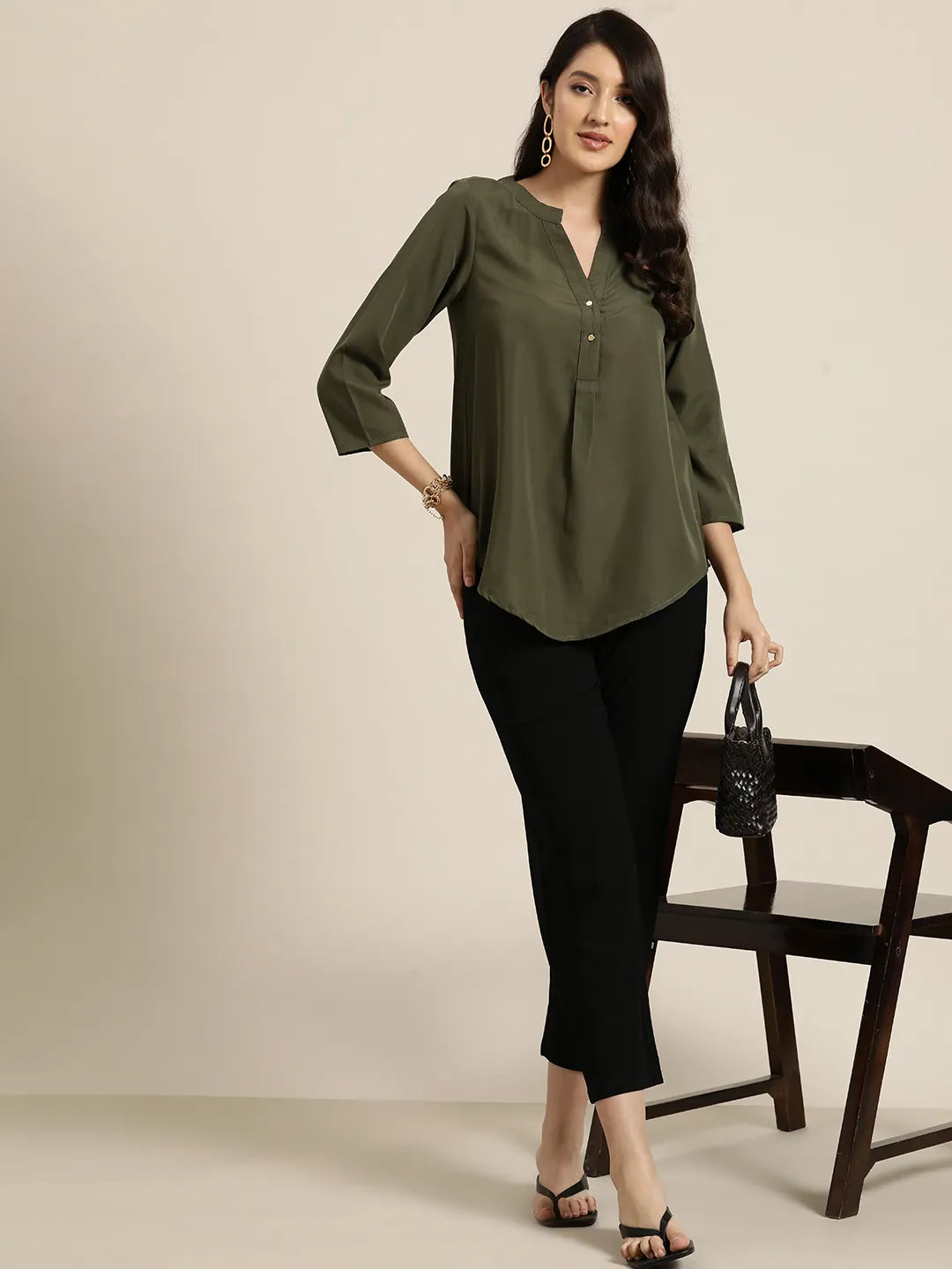 Solid Olive crepe half placket shirt