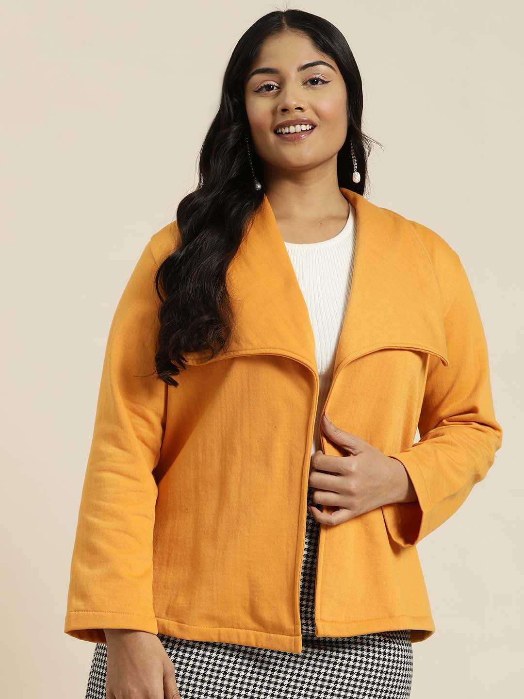 Bagatelle Drape Yellow Fleece Jacket Complete your contemporary look with an open-front short jacket