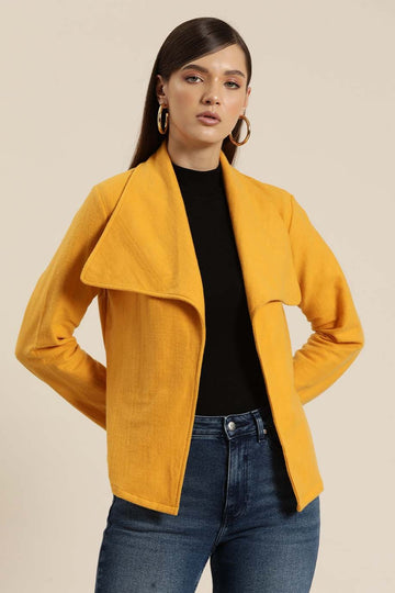 Bagatelle Drape Yellow Fleece Jacket Complete your contemporary look with an open-front short jacket