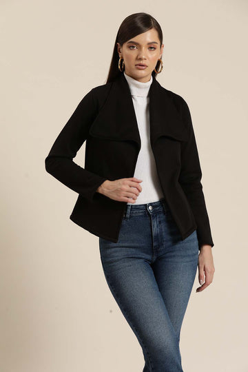 Bagatelle Drape Black Fleece Jacket Complete your contemporary look with an open-front jacket