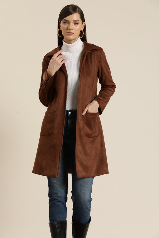 Brown Suede leather coat with collar and sleeves hems