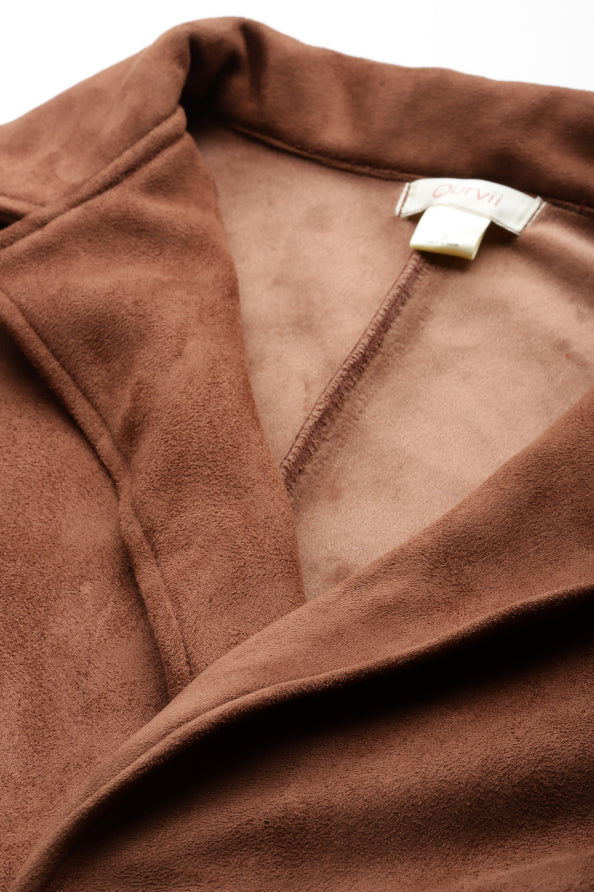Brown Suede leather coat with collar and sleeves hems