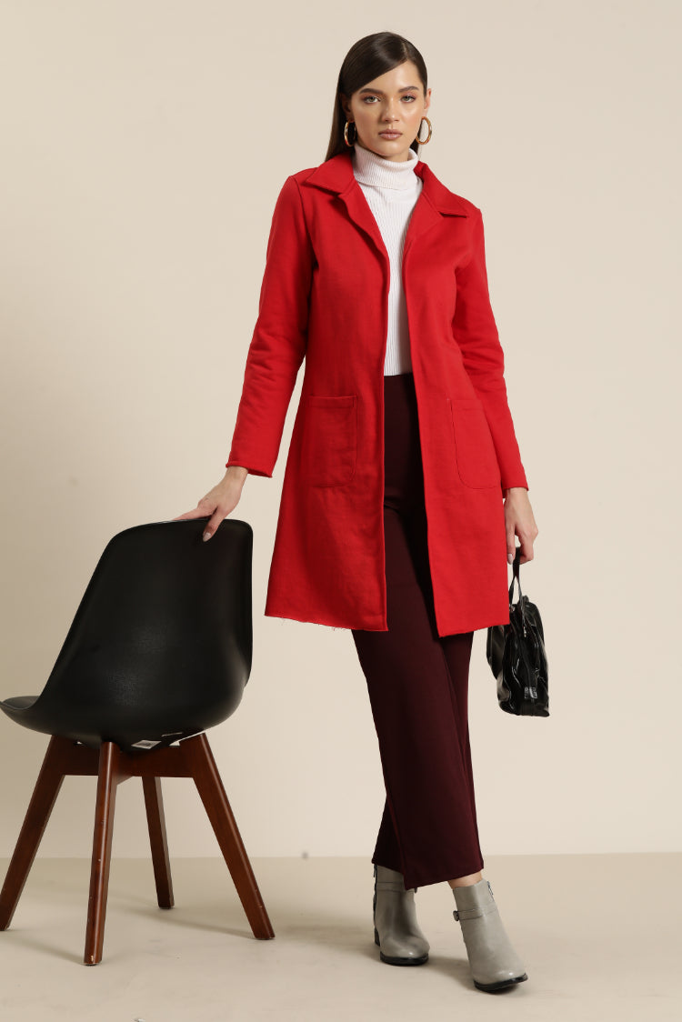 Solid Red fleece long jacket