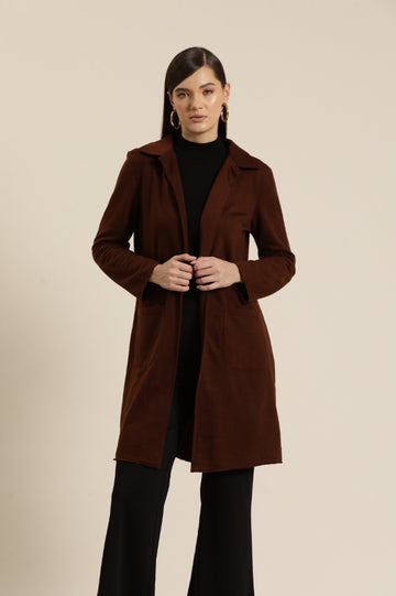 Solid Coffee brown fleece long jacket