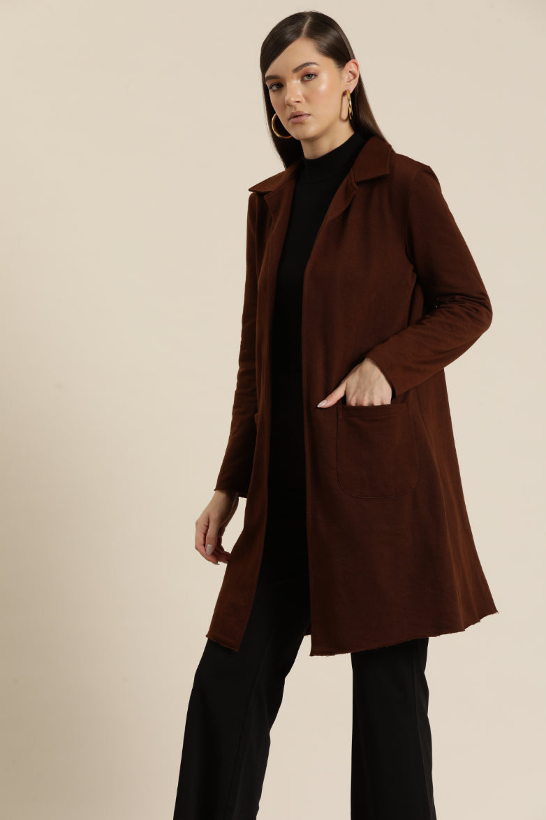 Solid Coffee brown fleece long jacket