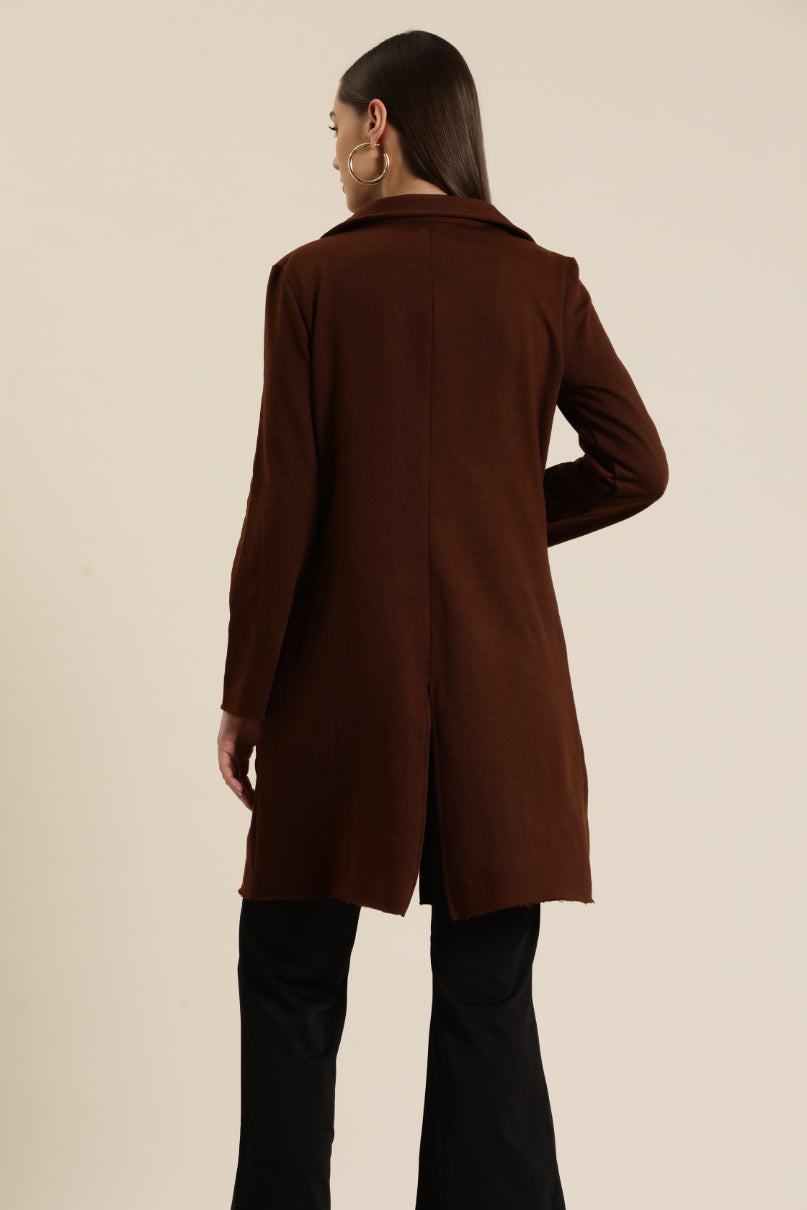 Solid Coffee brown fleece long jacket
