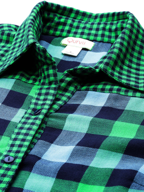 Green plaid colorblock shirt.