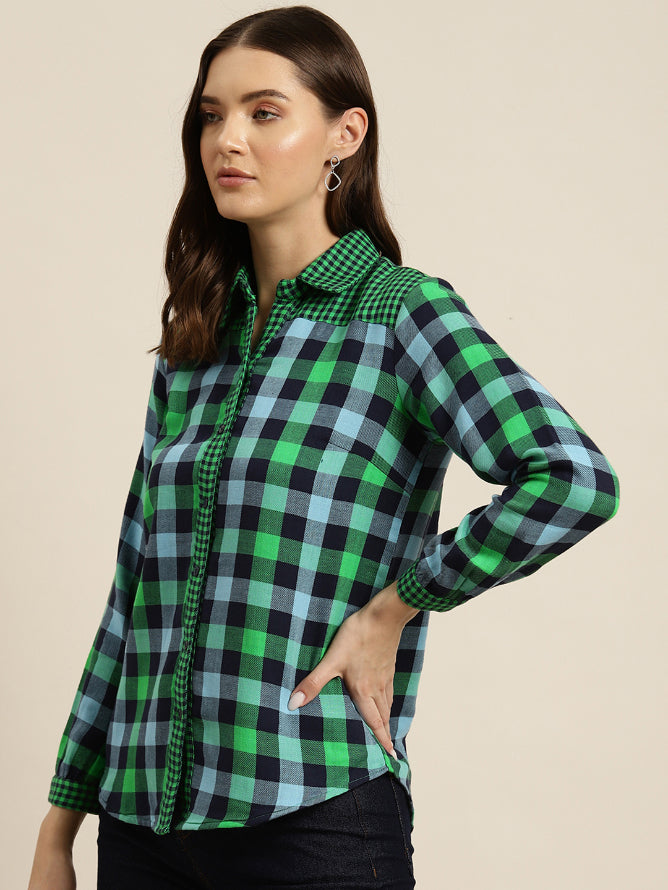 Green plaid colorblock shirt.