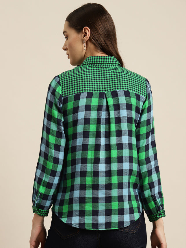 Green plaid colorblock shirt.