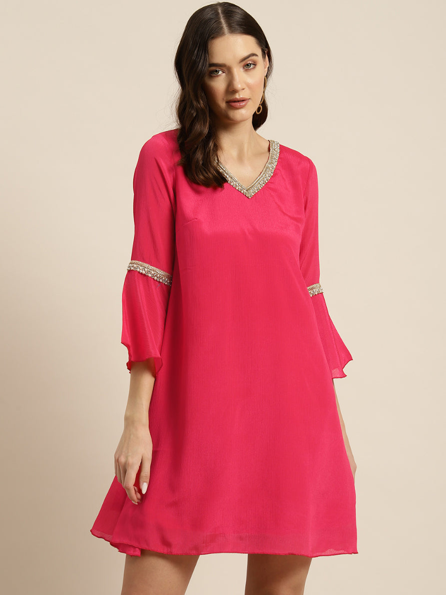 Fuchsia pink embelished V neck swing dress