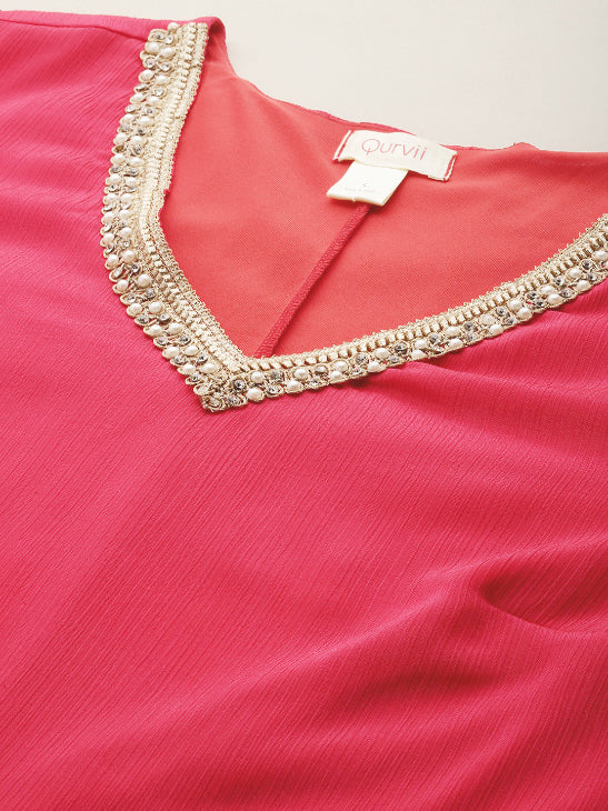 Fuchsia pink embelished V neck swing dress