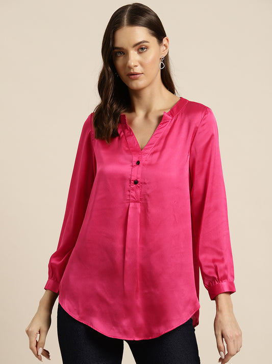 Hot pink half placket mandarin collar satin shirt.