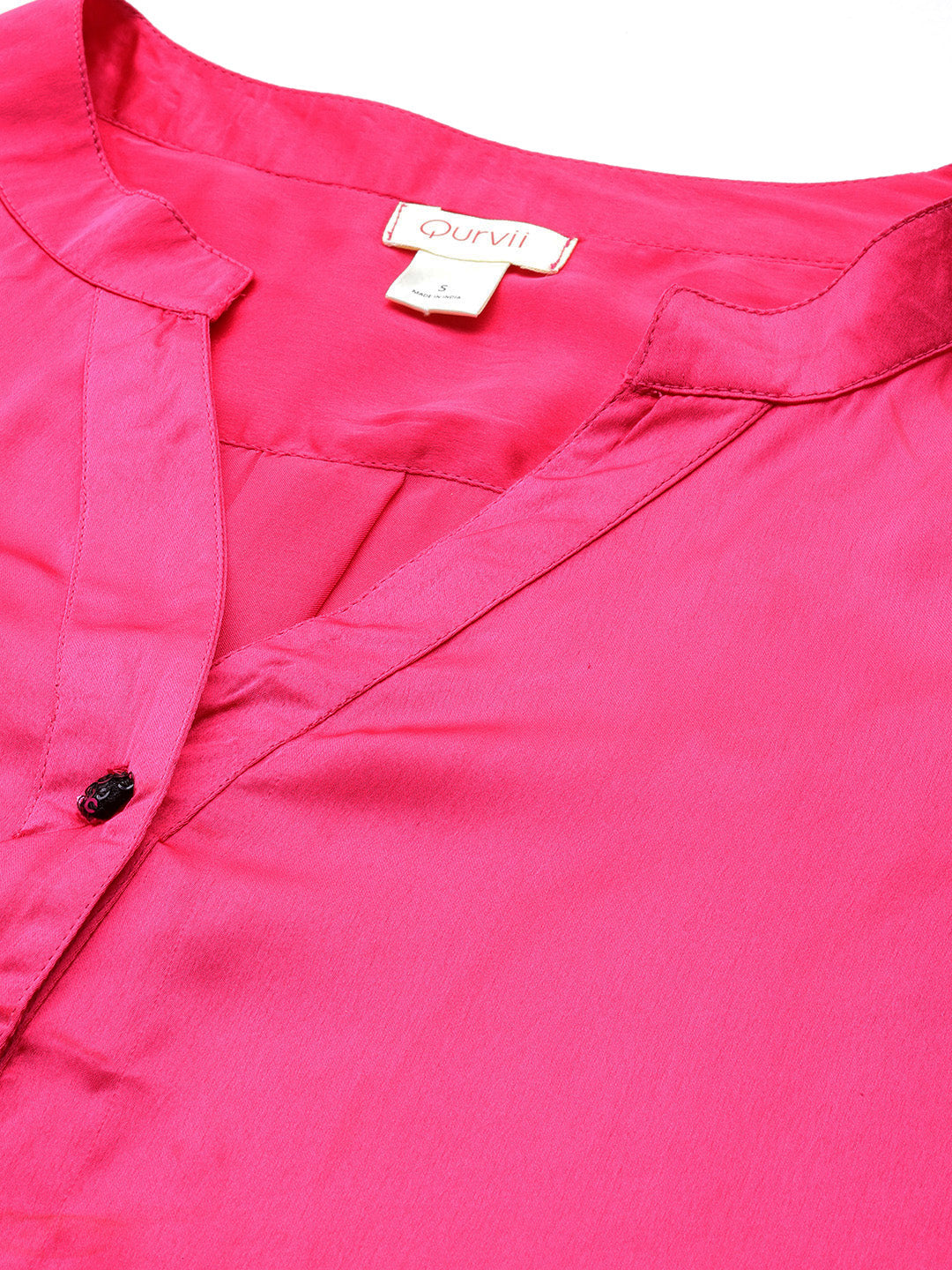 Hot pink half placket mandarin collar satin shirt.