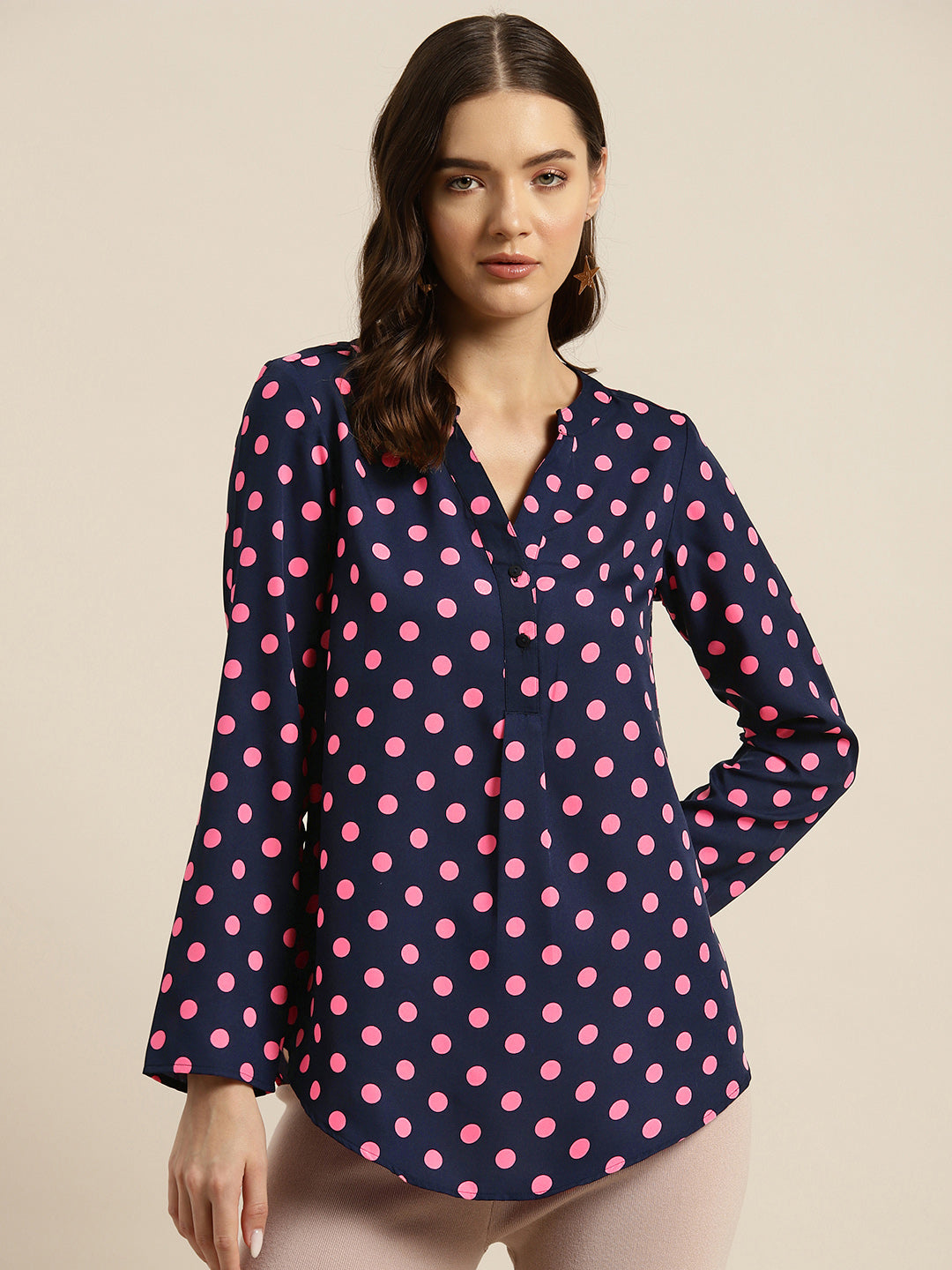 Navy and pink polka dot shirt