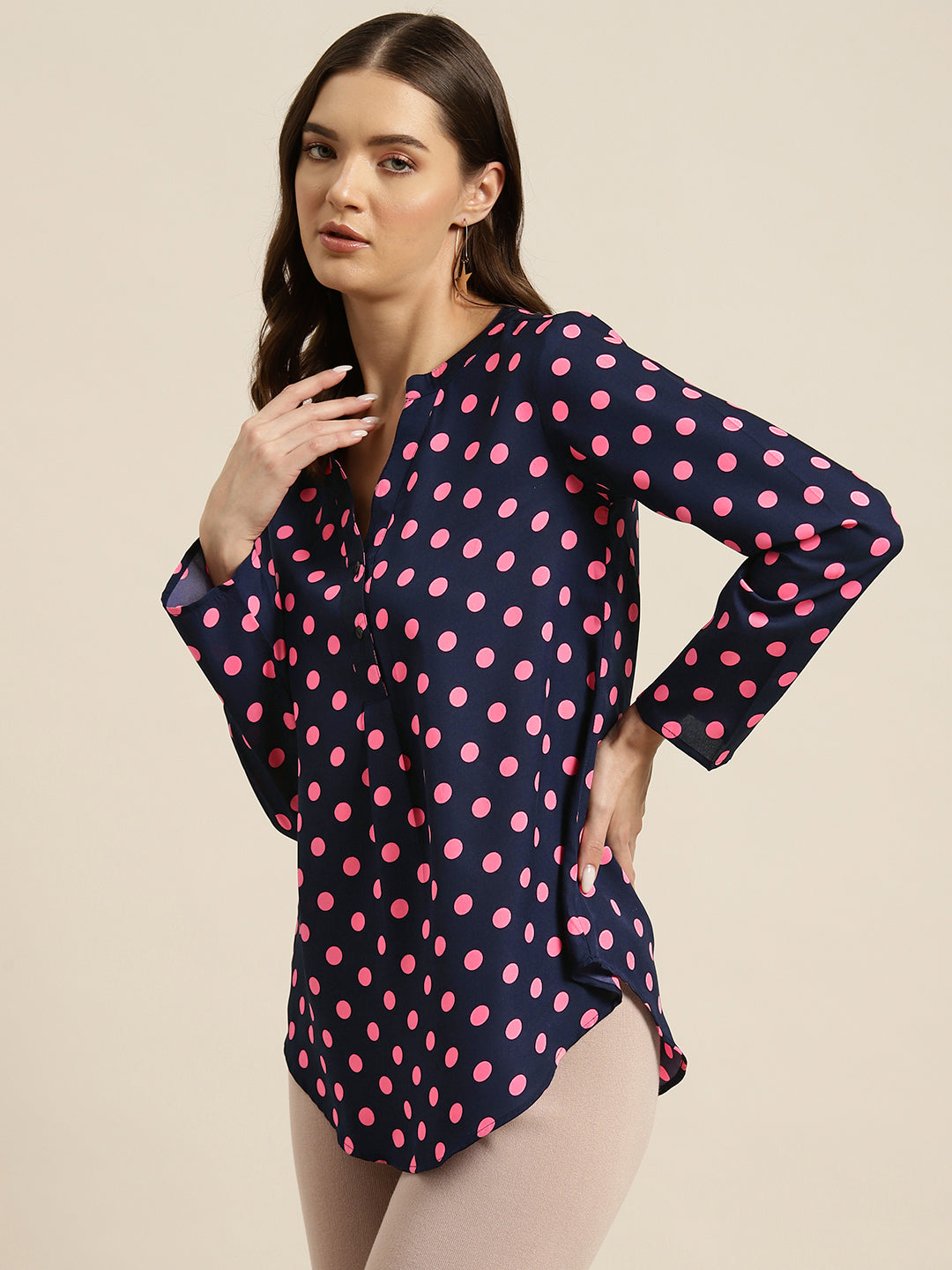 Navy and pink polka dot shirt