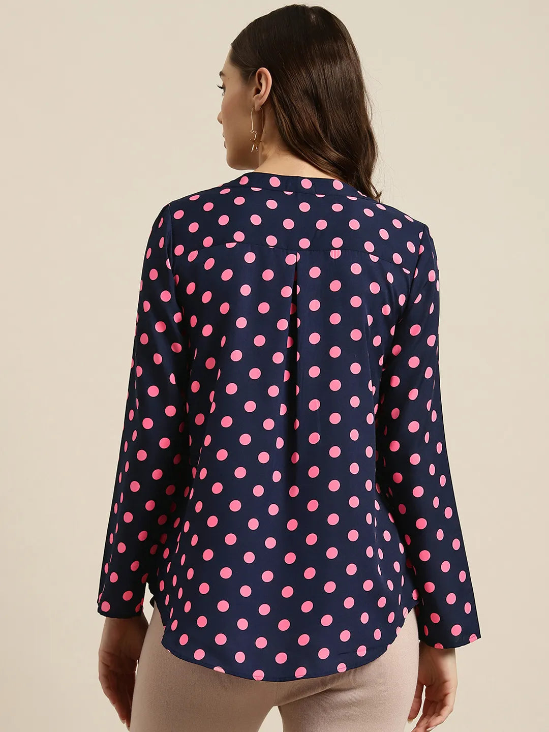 Navy and pink polka dot shirt