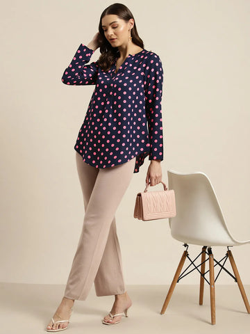 Navy and pink polka dot shirt
