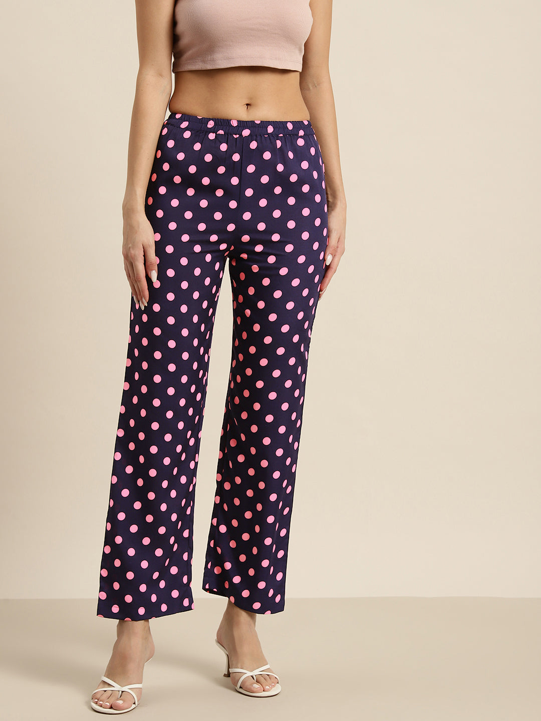 Navy and pink polka dot trousers