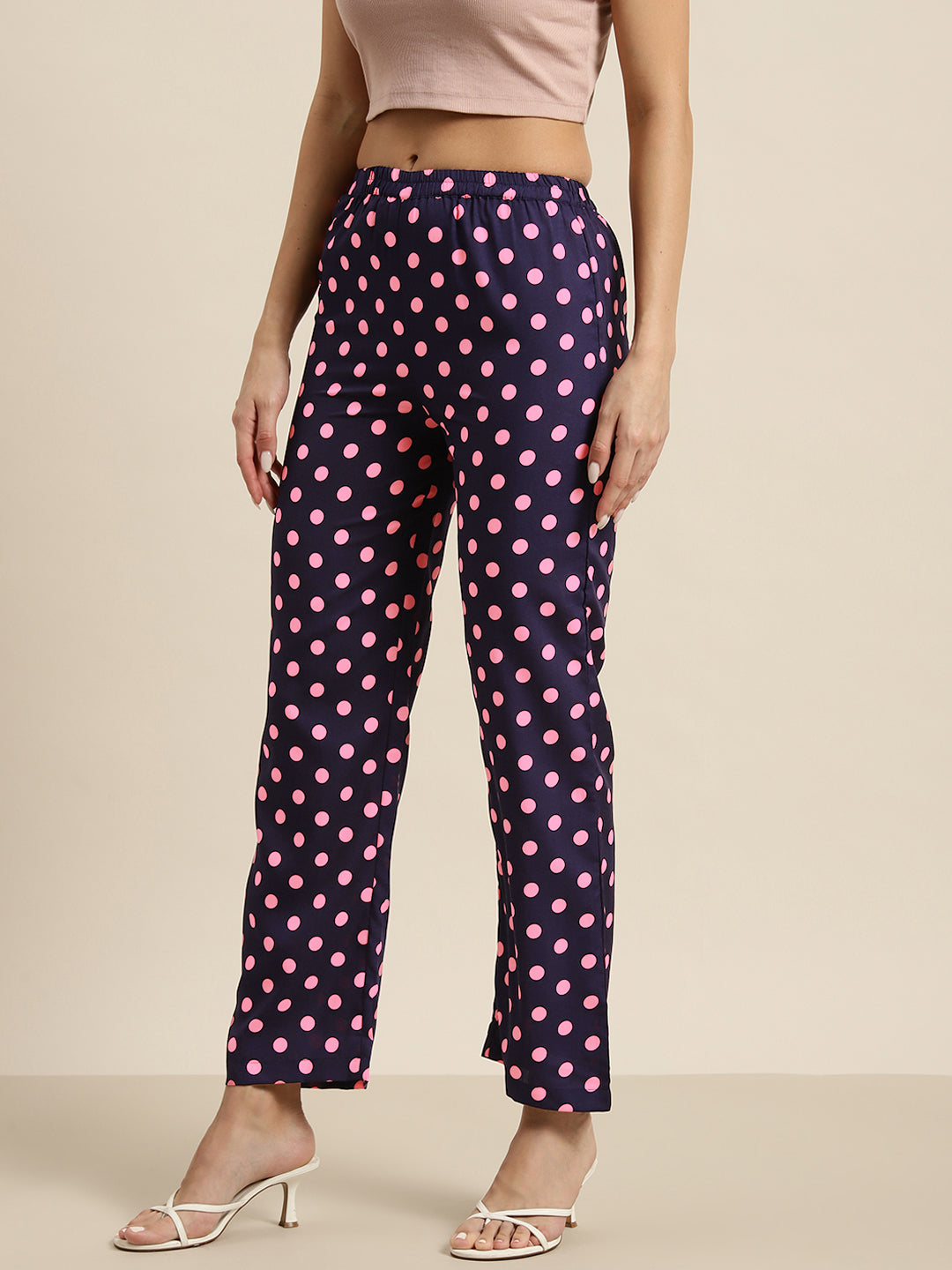 Navy and pink polka dot trousers