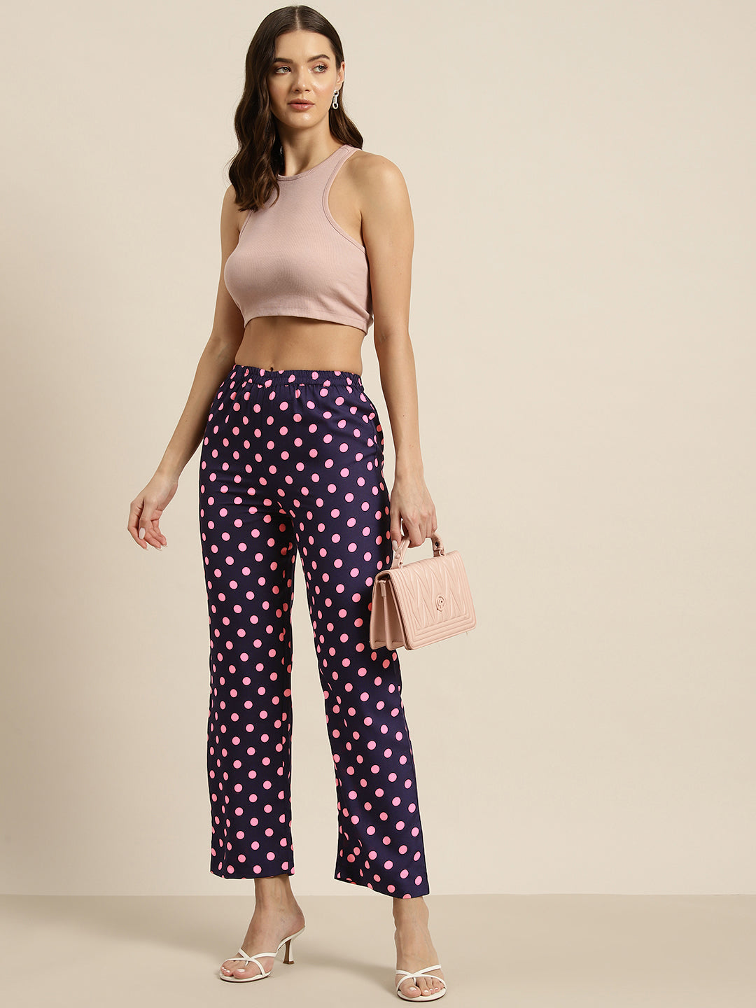 Navy and pink polka dot trousers