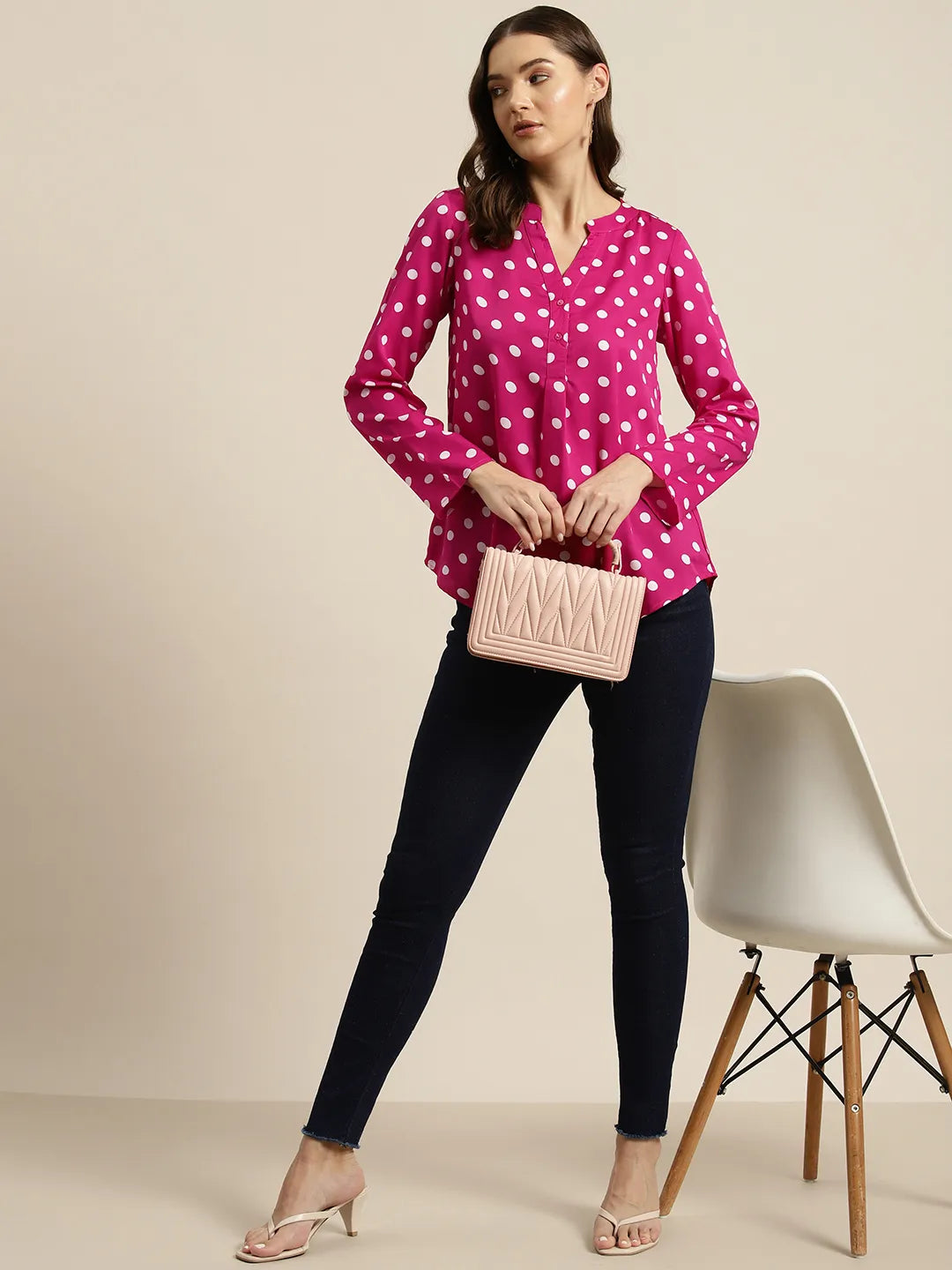 Hot pink and white polka dot shirt