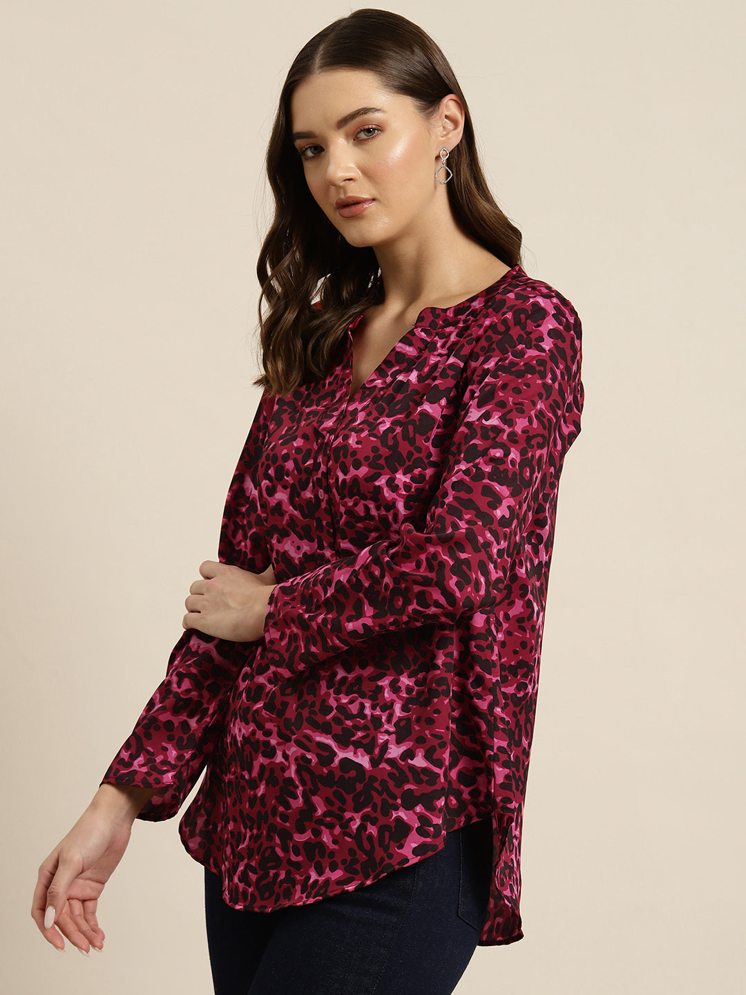 Wine and black leopard print half placket shirt