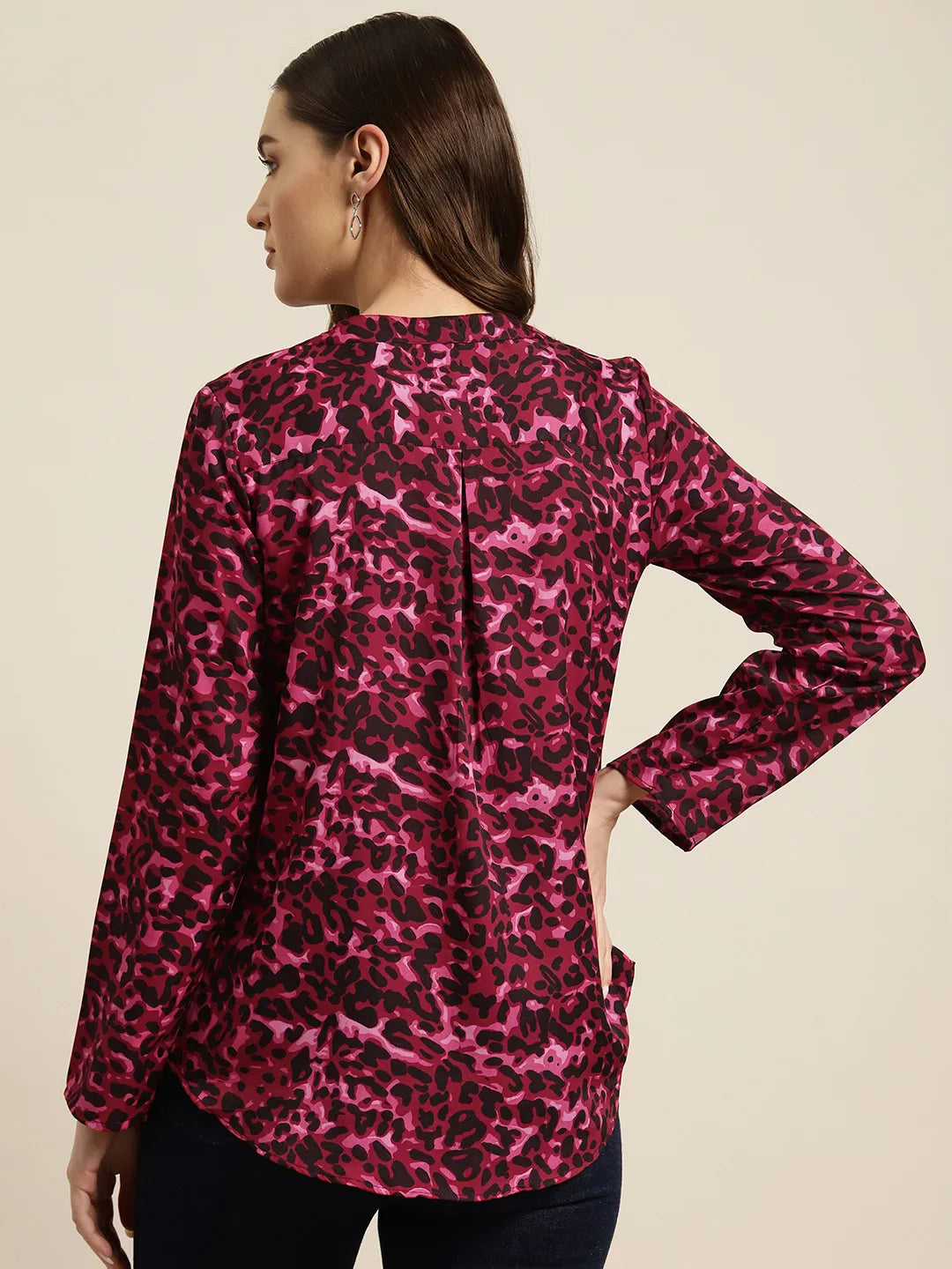 Wine and black leopard print half placket shirt