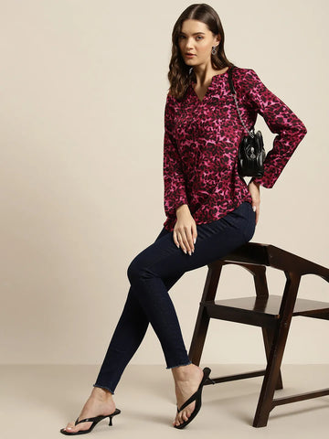Wine and black leopard print half placket shirt