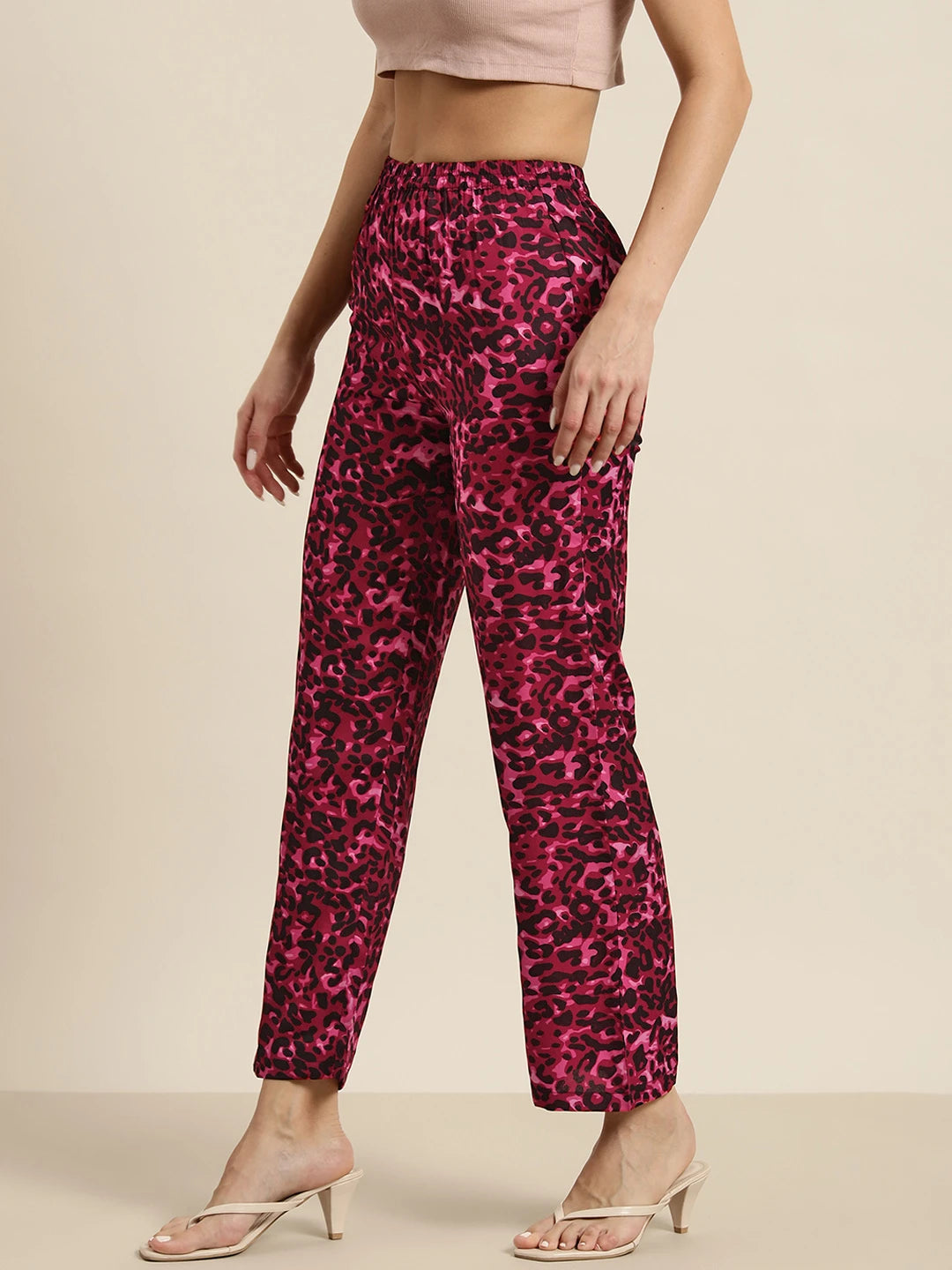 Wine and black leopard print trousers