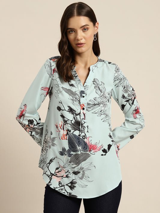 Blue Japnese floral print half placket shirt